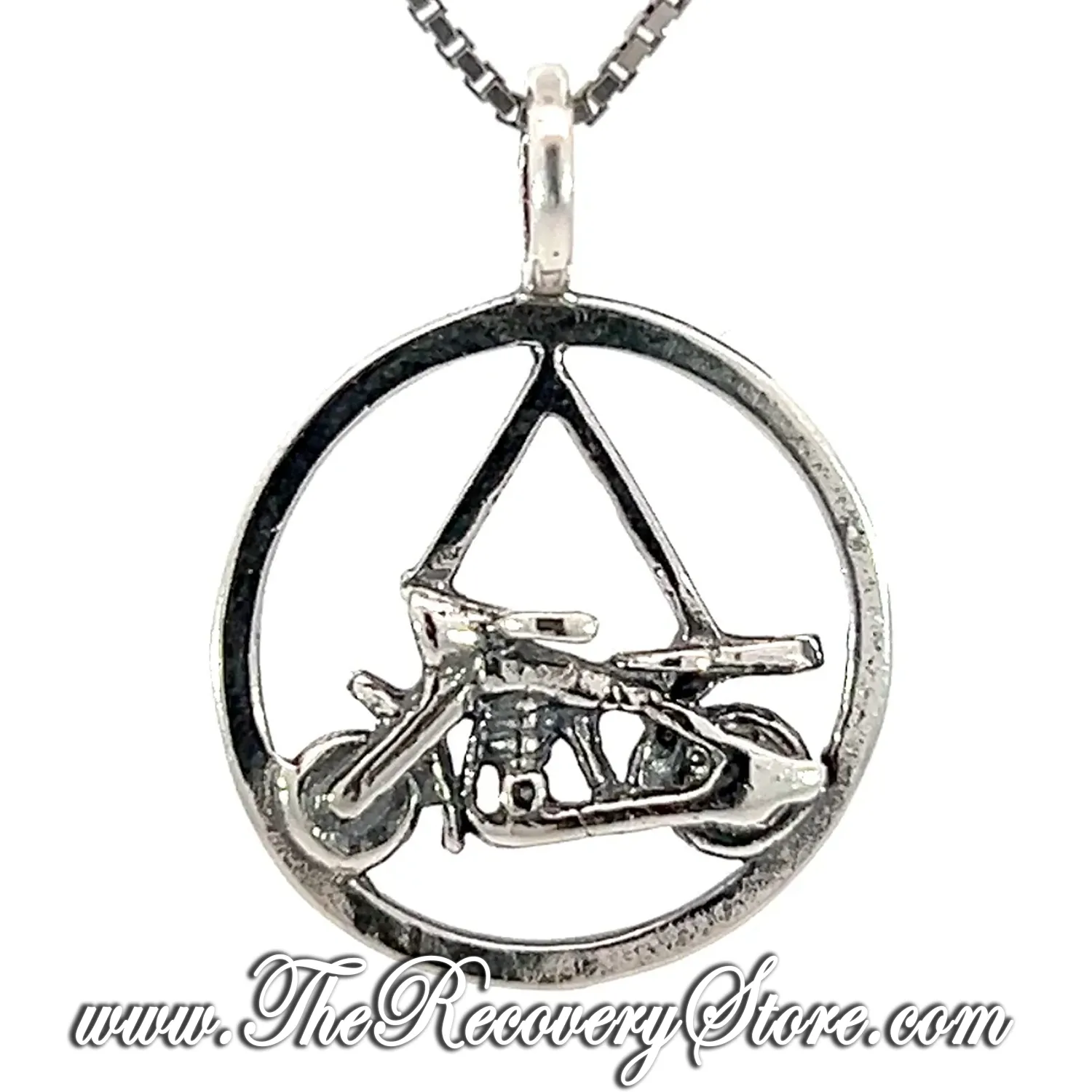 Sterling Silver AA Symbol in a Diamond Cut Circle with a Harley Motorcycle Pendant