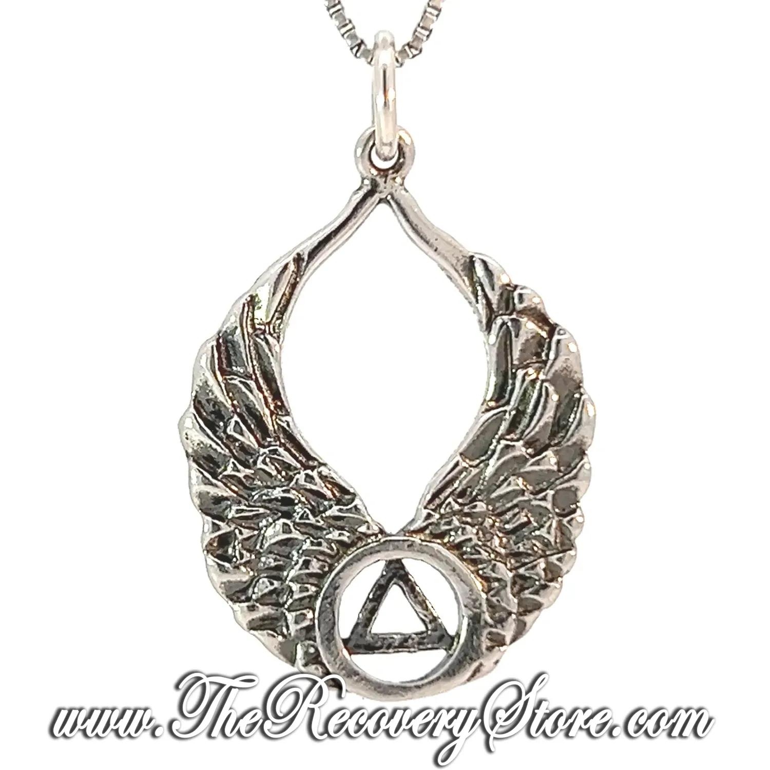 Sterling Silver AA Recovery Symbol on Beautiful Angel Wings Pendant
