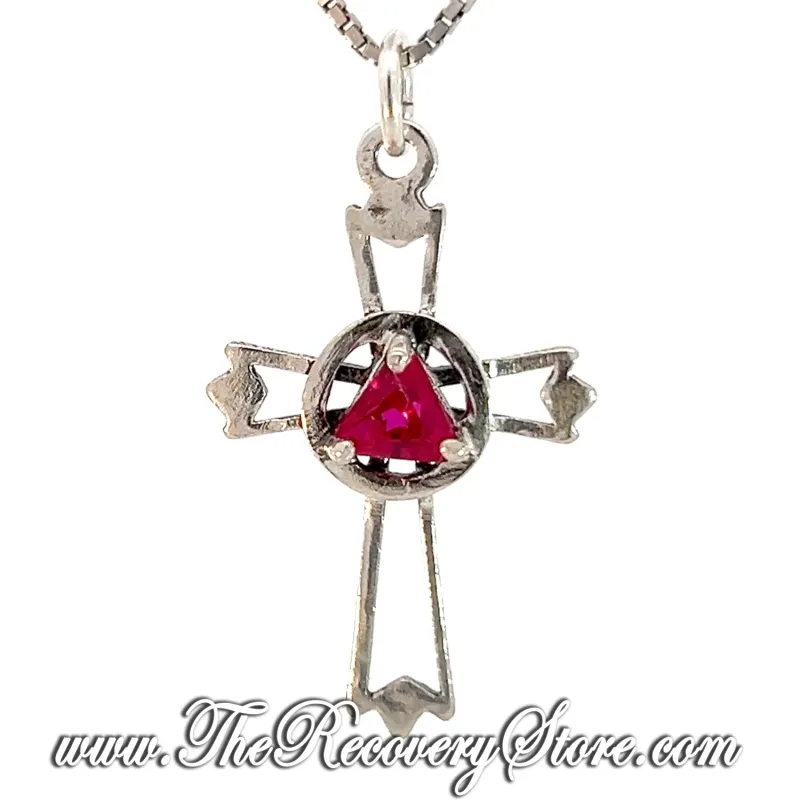 Sterling Silver AA Symbol Set Inside Cross Birthstone Pendant