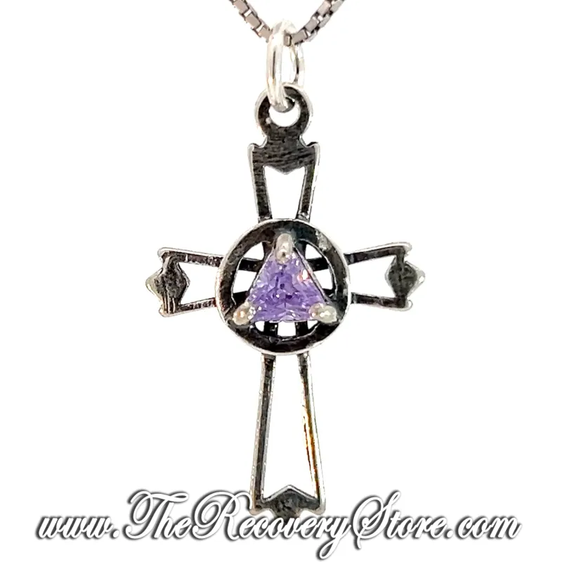 Sterling Silver AA Symbol Set Inside Cross Birthstone Pendant