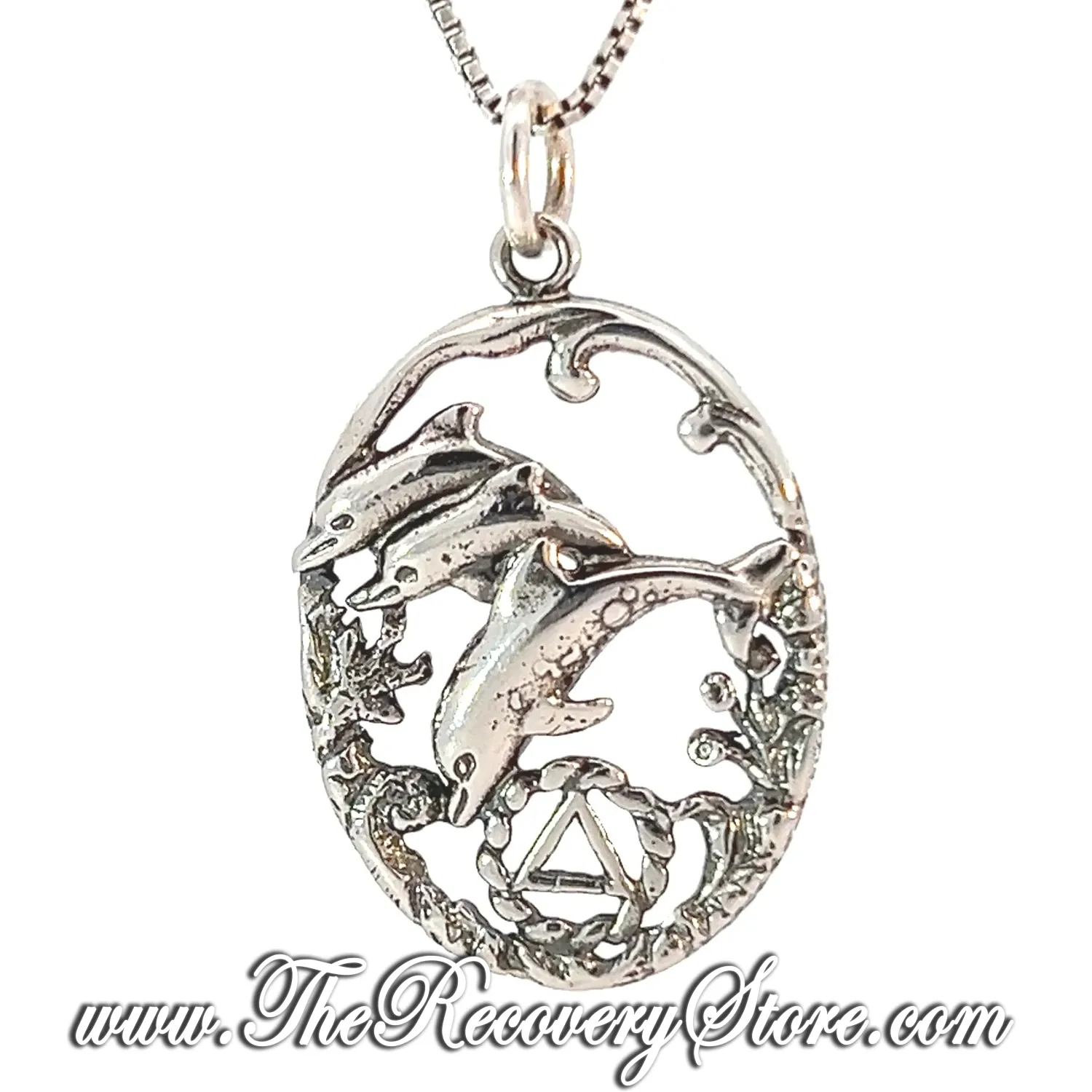 Sterling Silver AA Symbol in a Old Fashion Style Seascape with 3 Dolphins Pendant