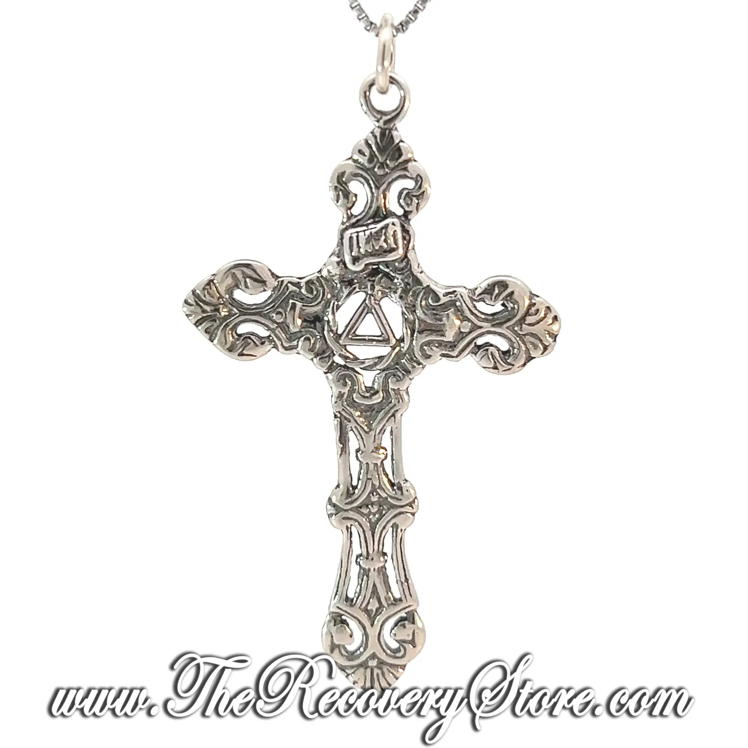 Sterling Silver AA Recovery Symbol on a Beautiful Cross Pendant