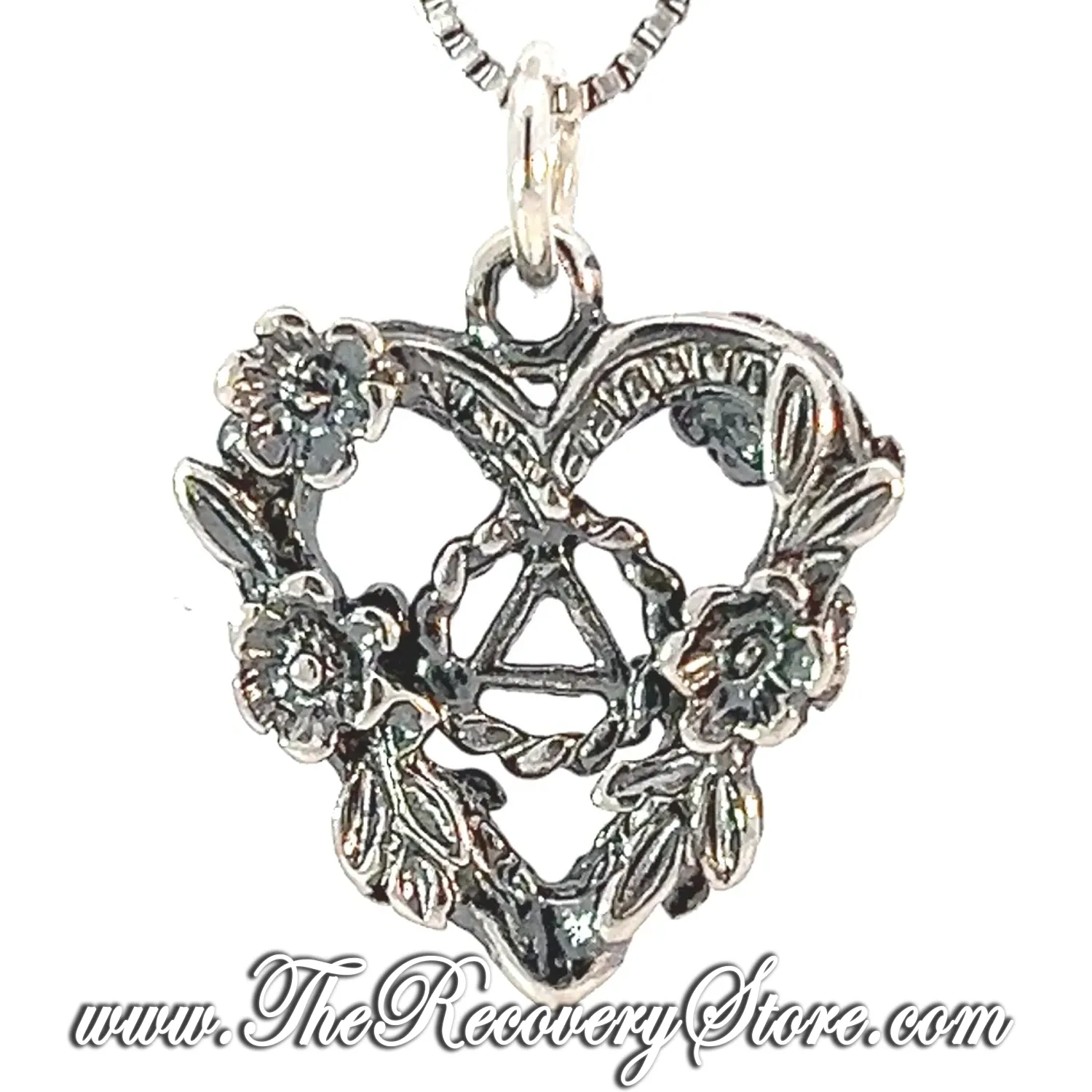Sterling Silver AA Symbol in the Center of a Open 2 Sided Heart with Flowers