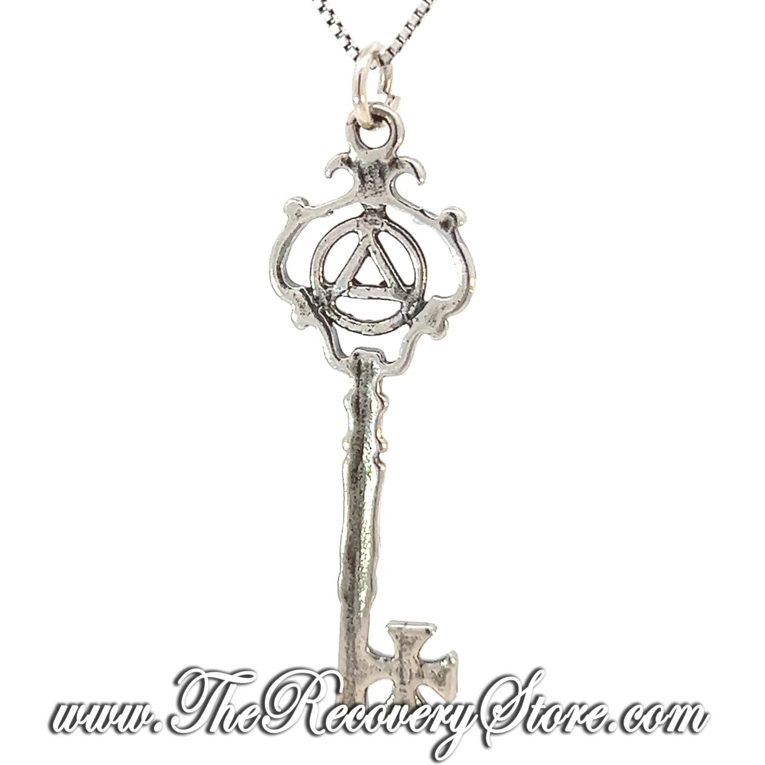 Sterling Silver  AA Symbol inside Antique Style Key Pendant