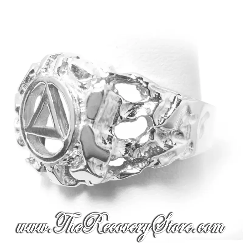 AA Symbol Sterling Silver Men's Wide Nugget Style Ring
