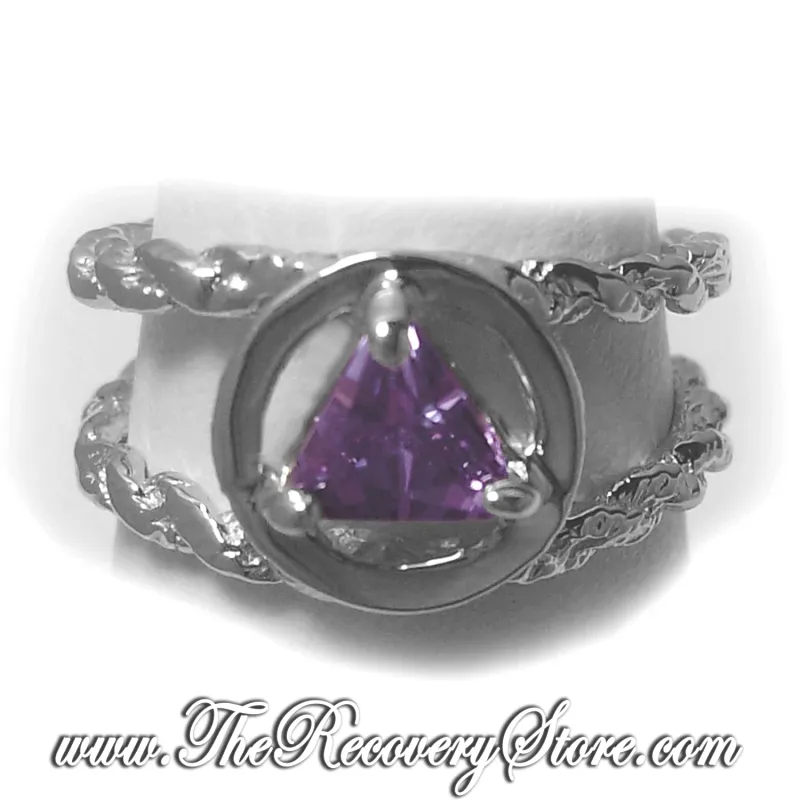 AA Symbol Birthstone on Sterling Silver Circle Triangle Ring