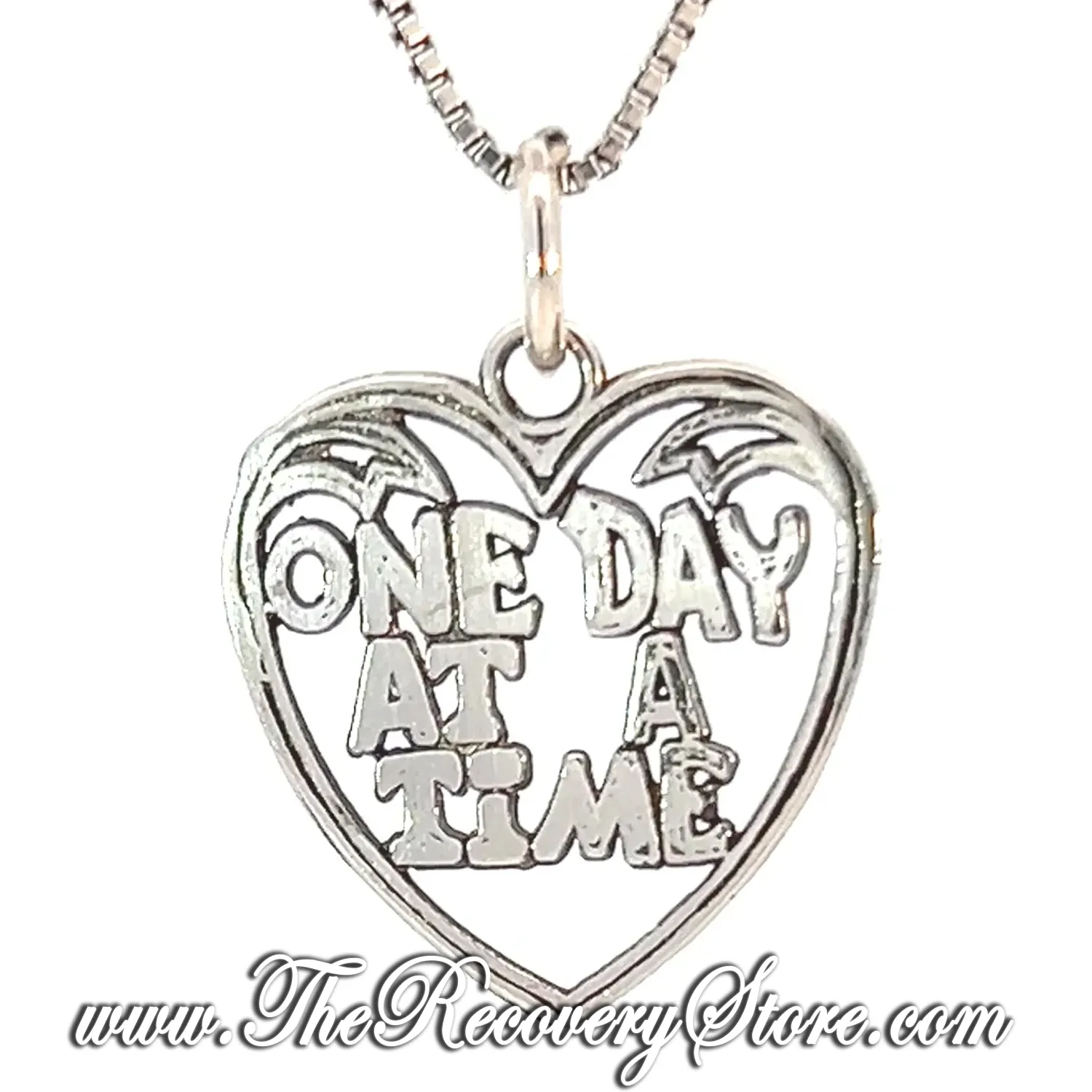 Sterling Silver "One Day At A Time" In A Heart Sayings Pendant