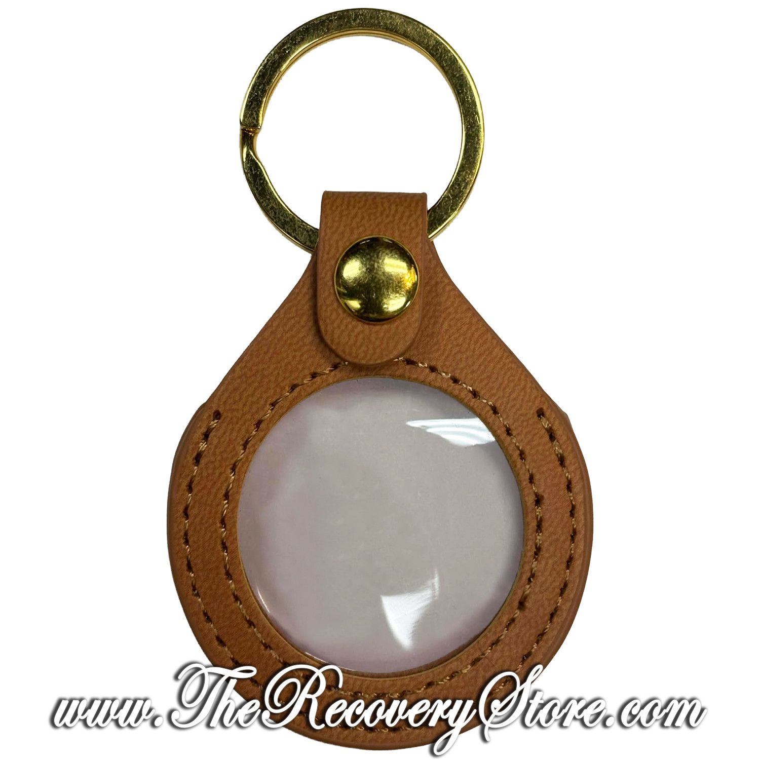 KeyChain 34mm Medallion Leather Holder - Light Brown with Gold