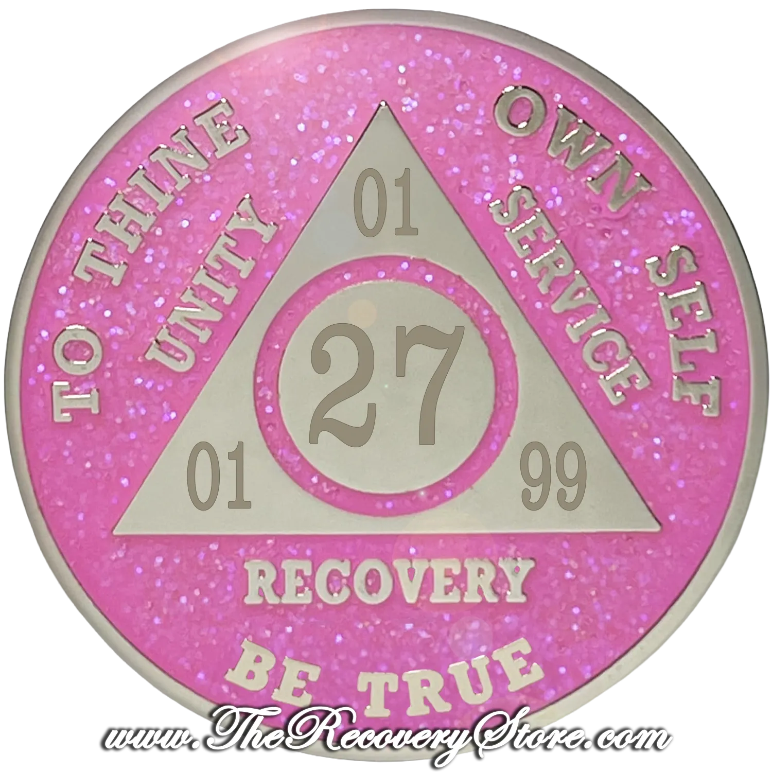 Customizable Pink Glitter AA Medallion With Engravable Blank Back