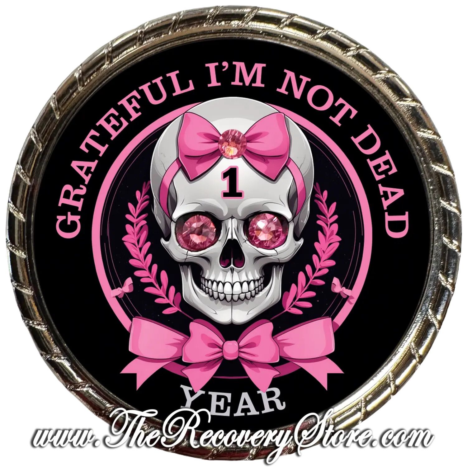 Large Medallion - Grateful I'm Not Dead Yearly Skull with Pink Bows &amp; Crystals Silver Trim, Milestone: 01