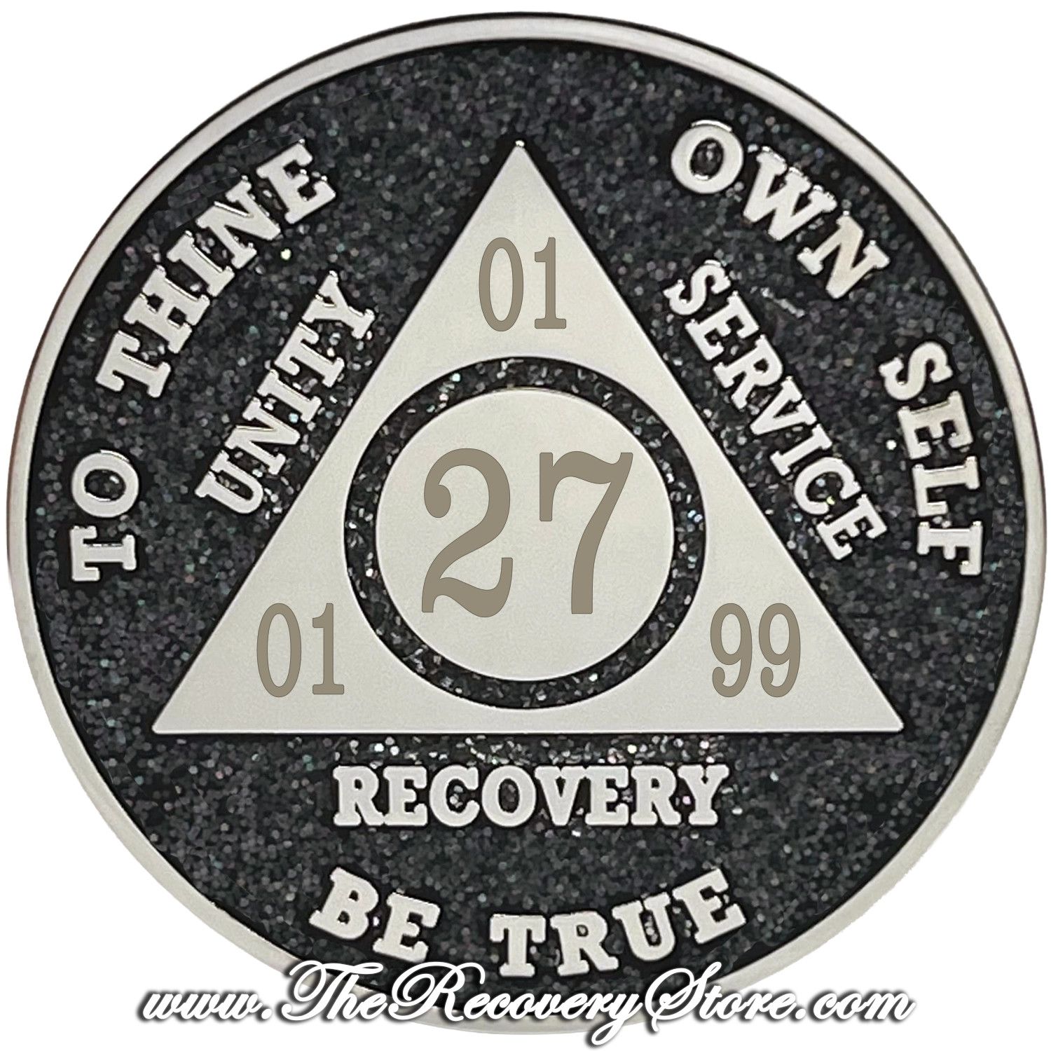 Customizable Dark Gray/Black Glitter AA Medallion With Engravable Blank Back