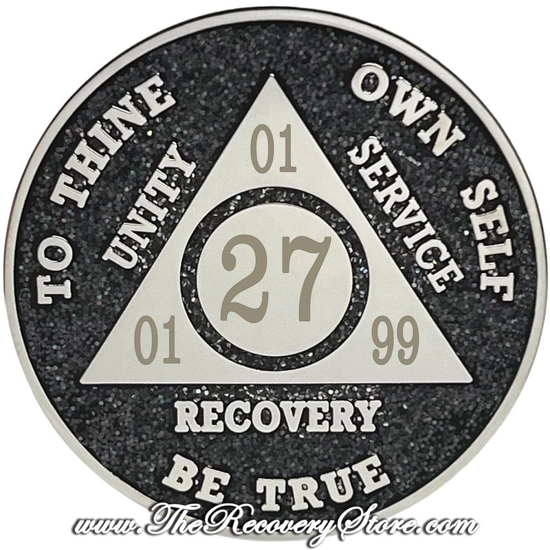Customizable Dark Gray/Black Glitter AA Medallion With Engravable Blank Back