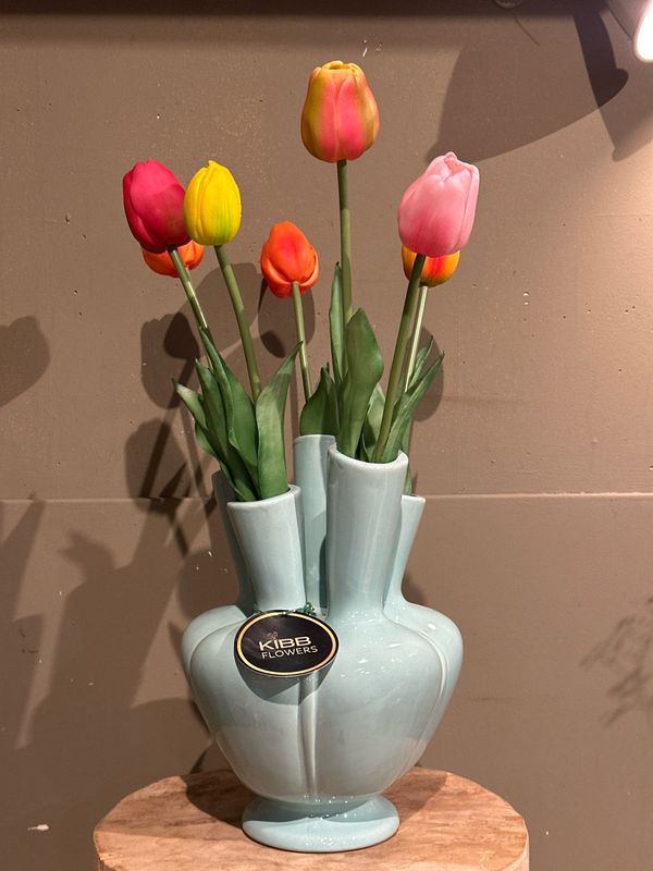 Tulpen vaas (turquoise) met zijde tulpen
