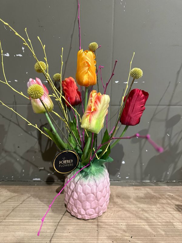 Ananas vaas roze met zijde tulpen
