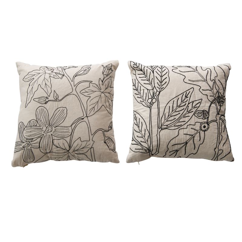 Pillow w/ Botanical Embroidery &amp; Gold Zipper, Natural Black
