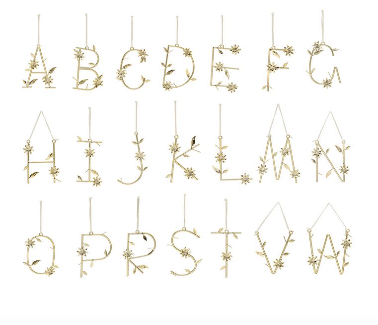 Metal Alphabet Ornament w/ Flowers &amp; Leaves Gold Finish