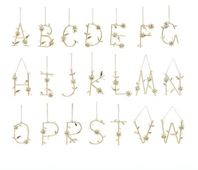 Metal Alphabet Ornament w/ Flowers &amp; Leaves Gold Finish