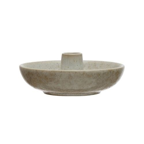 Round Stoneware Dish w/ Toothpick Holder - Reactive Glaze - White
