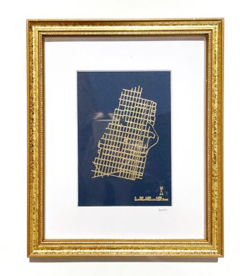 Framed &amp; Matted Hoboken Embossed Map 5x7 - Navy w/ Gold.  Gold Frame