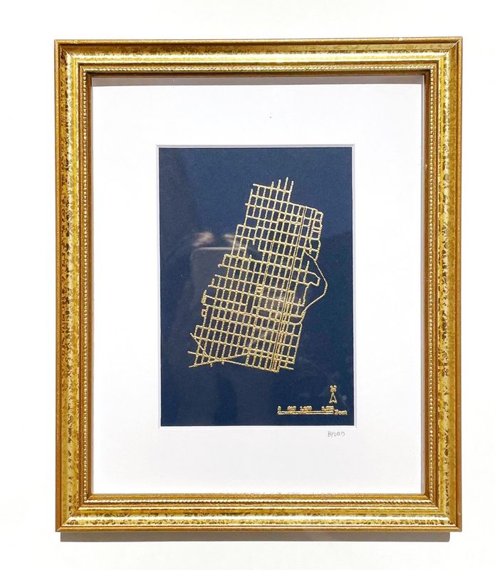 Framed &amp; Matted Hoboken Embossed Map 5x7 - Navy w/ Gold.  Gold Frame
