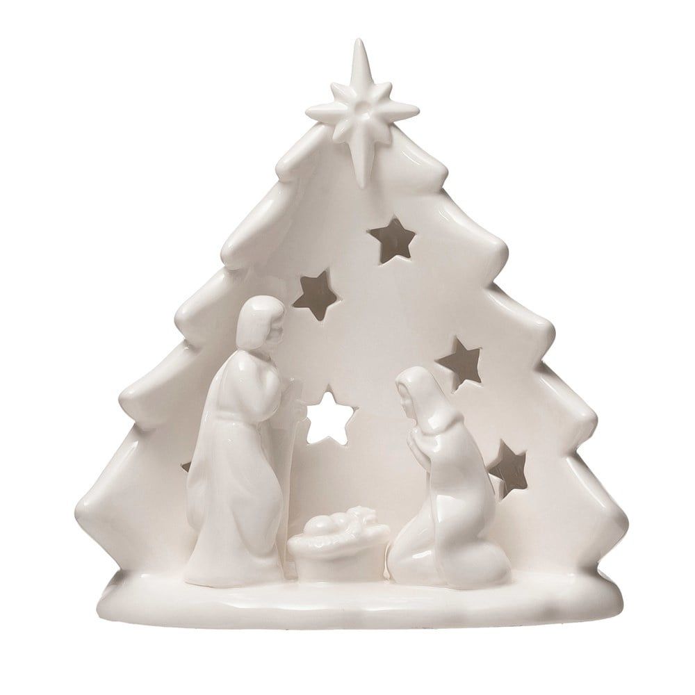 Stoneware Holy Family w/ Tree &amp; Cut Outs - White