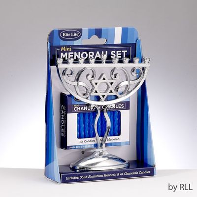 Mini Menorah Set - Aluminum w/ 44 Blue Candles