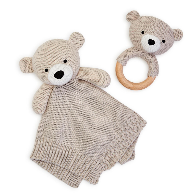 Knitted Baby Bear Snuggle &amp; Rattle Set