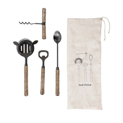 Stainless Steel Bar Tools W/ Rattan Wrapped Handles Black &amp; Natural