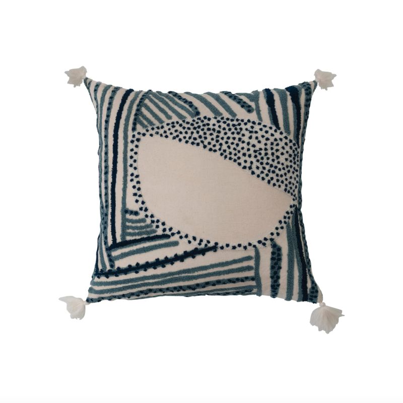 18&quot; Square Cotton Embroidered Pillow w/ Tassels Blue &amp; White