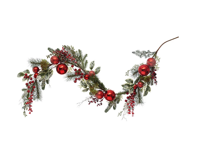 74&quot;H Faux Pine Garland w/ Red Plastic Ball Ornaments Pinecone &amp; Berries