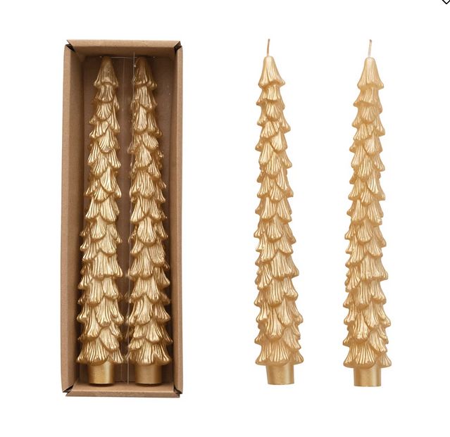 10&quot;H Unscented Tree Shaped Taper Candles in Box Gold Color Set of 2