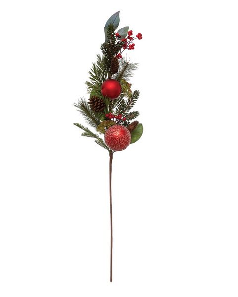41&quot;H Faux Pine Branch w/ Red Plastic Ball Ornaments Pinecone &amp; Berries