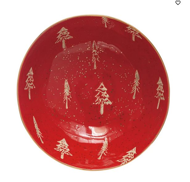 Hand Stamped Stoneware Stoneware Bowl w/ Tree Pattern &amp; Gold Electroplating Red