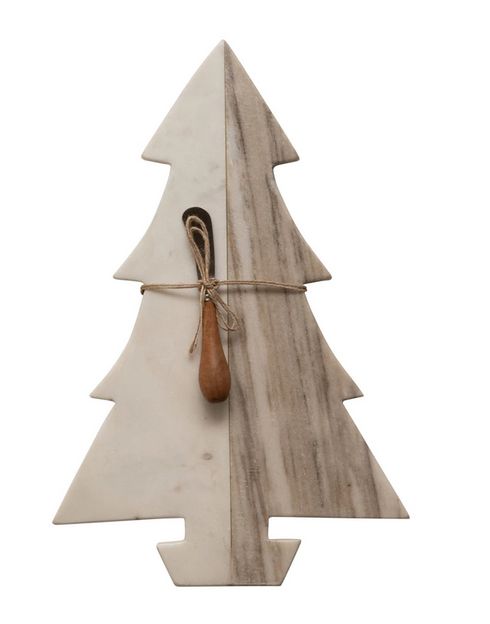 Marble Tree Cheese/Cutting Board w/ Wood Canape Knife White and Buff Color
