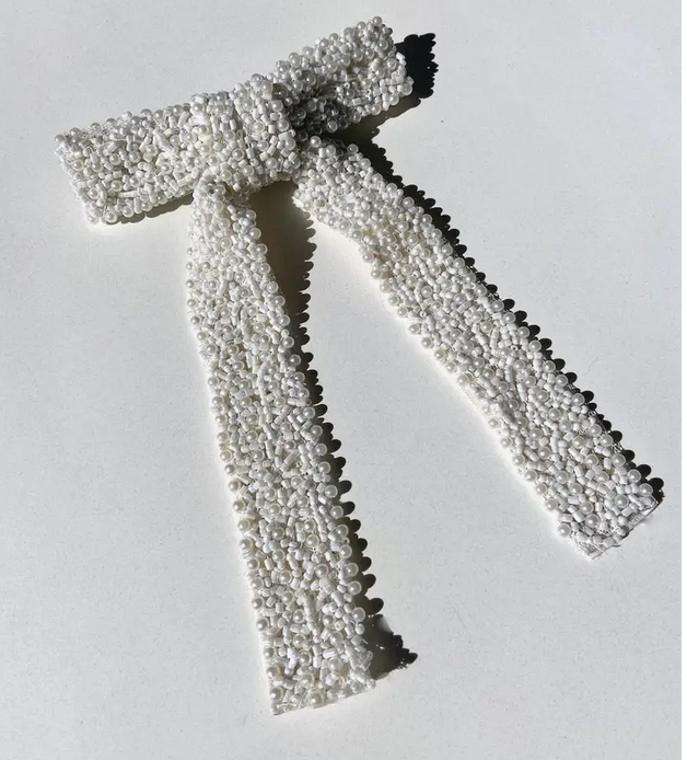Embellished Hair Bow Barrette Clip | Hand-Stitched - White