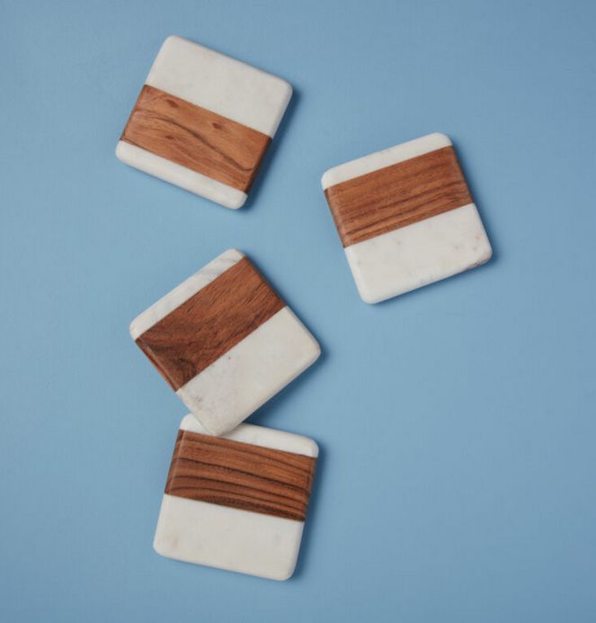 White Marble &amp; Wood Square Coasters, Set of 4