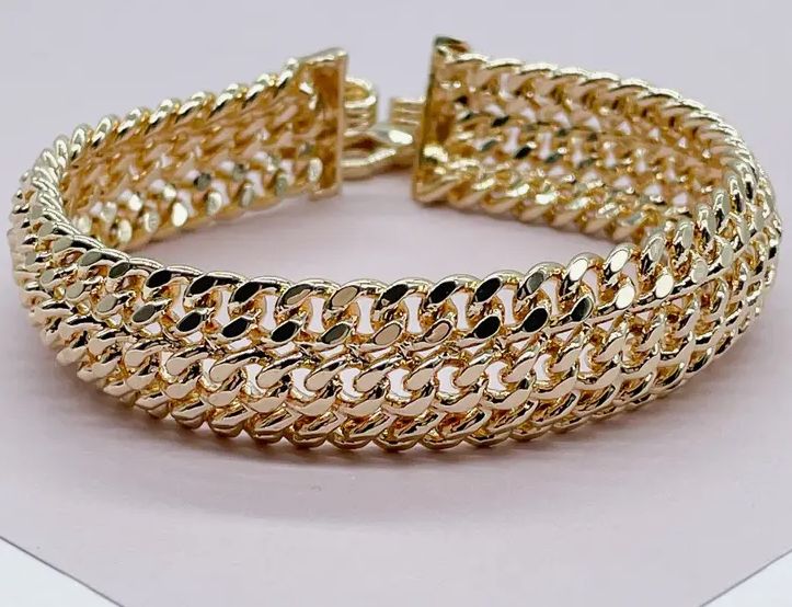 18K Gold Filled Thick Bracelet Feature Three Cuban Link