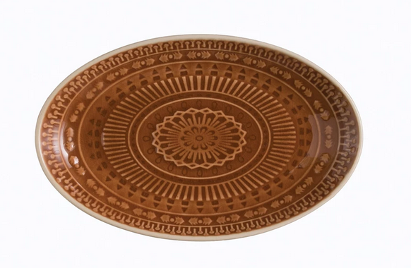 Debossed Stoneware Oval Platter, Crackle Glaze