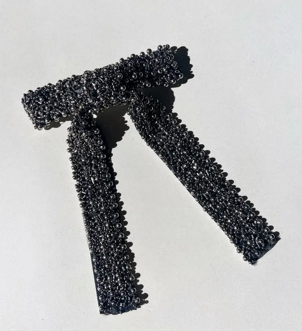 Embellished Hair Bow Barrette Clip | Hand-Stitched | Black/Silver