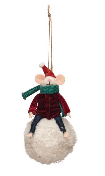 Wool Felt Mouse on Snowball Ornament