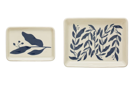 Stoneware Plates w/ Botanicals, Blue &amp; Cream Color, Set of 2