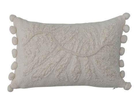 14&quot; x 9&quot; Cotton Lumbar Pillow w/ Embroidery &amp; Pom Poms