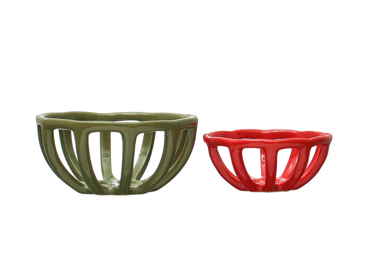 Handmade Stoneware Basket Bowls - Large Green
