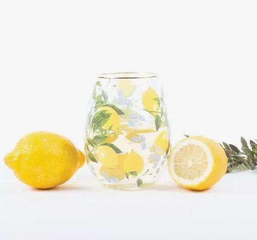 Lemon Floral Stemless Wine Glass