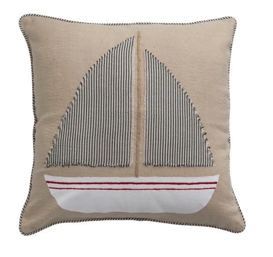 20&quot; Cotton Pillow w/ Appliqued Boat &amp; Striped Piping