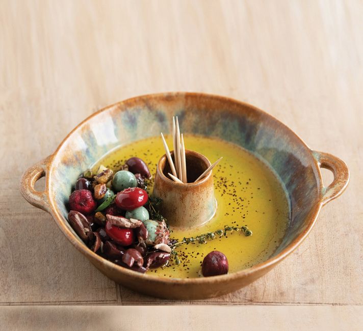 Stoneware Dish with Toothpick Holder with Glaze