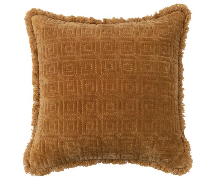 18&quot; Square Cotton Velvet Quilted Pillow w/ Pattern &amp; Fringe