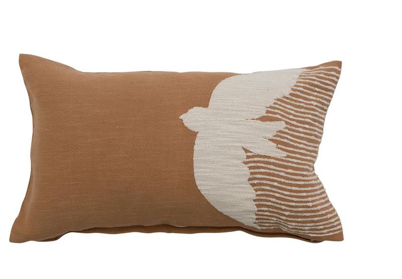 24&quot; x 14&quot; Cotton Slub Lumbar Pillow w/ Embroidery &amp; Bird