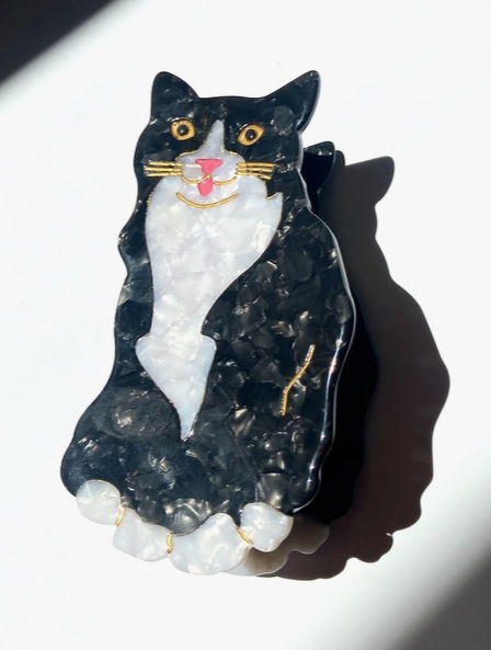 Hand-Painted Black &amp; White Cat Claw Hair Clip