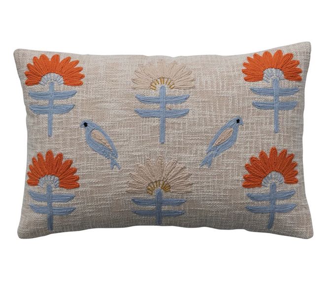 Woven Cotton Lumbar Pillow w/ Birds &amp; Flowers
